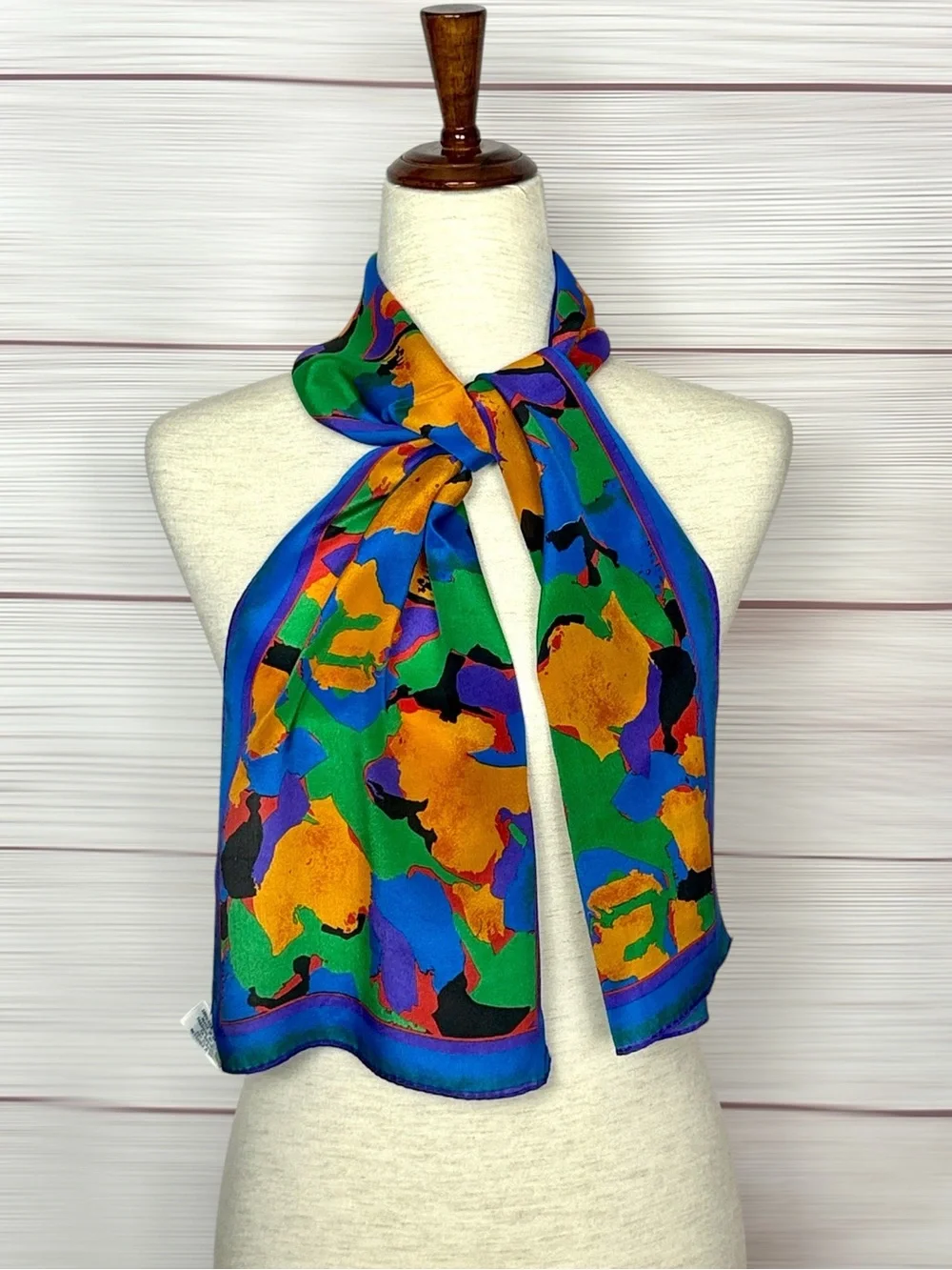Albert Nipon Rectangle Silk Scarf Abstract Print Blue Orange Green Purple Japan